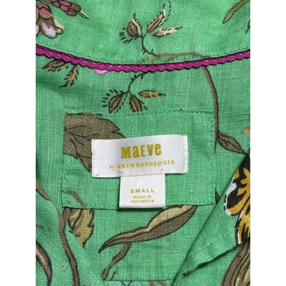 Maeve‎ Shirt Women Size Small Green Floral Button-Down Short Sleeves Linen Boho - Picture 4 of 10
